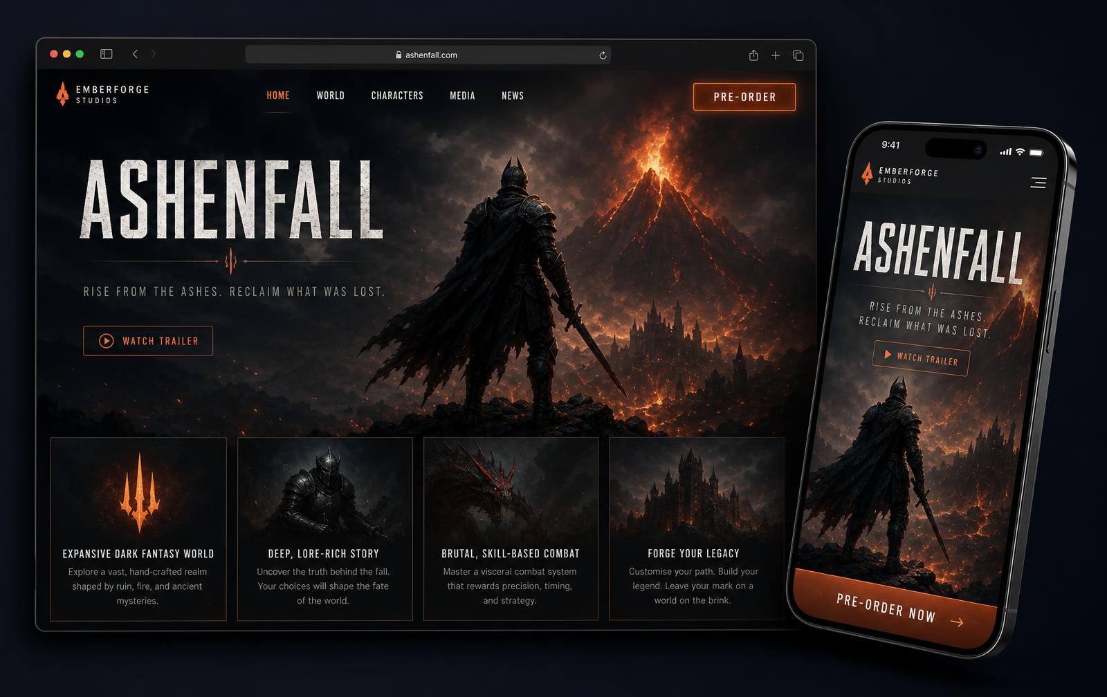 Ashenfall — AAA game / entertainment website concept